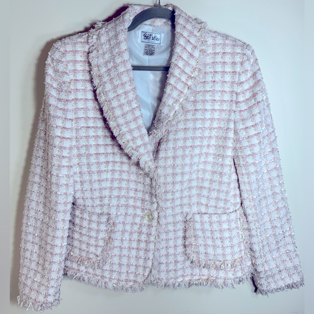 Vintage Bob Mackie Studio Striped Tweed Pink‎ and off white Blazer Jacket Sz 10